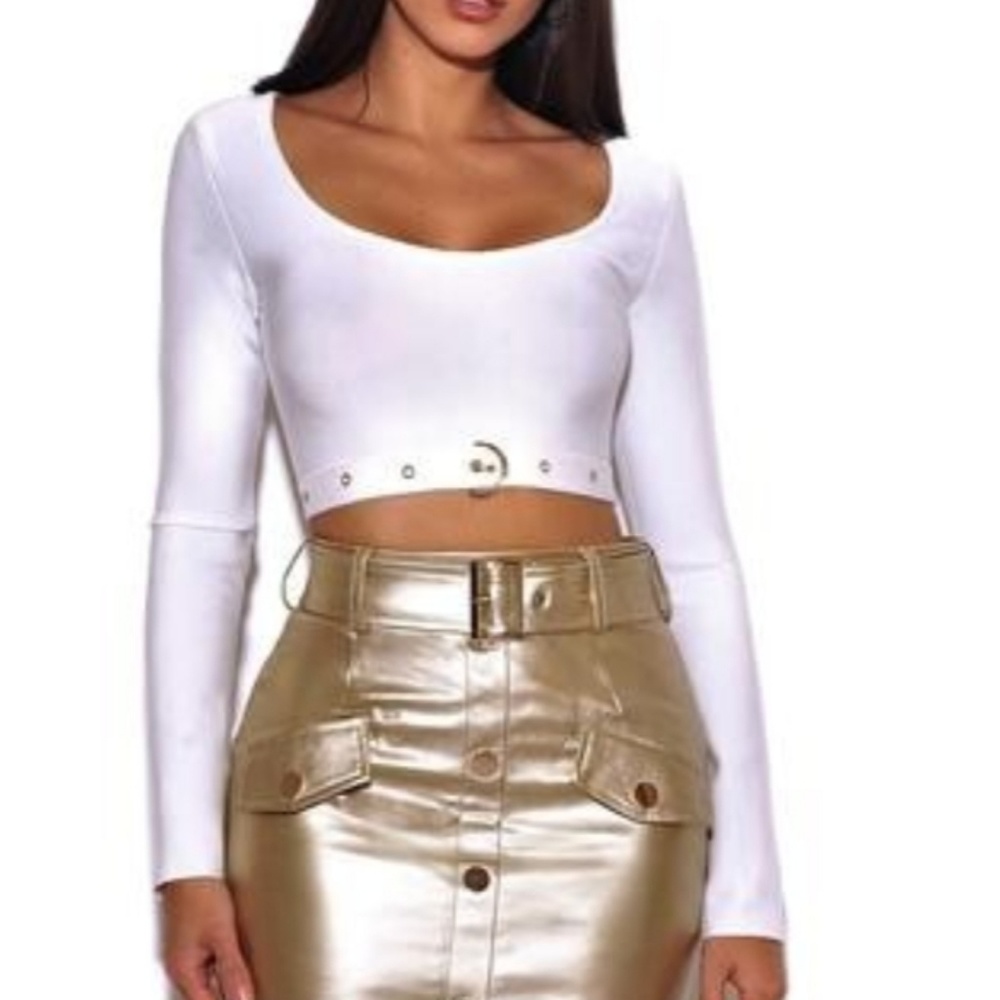 White Bandage Gold Buckle Crop Top